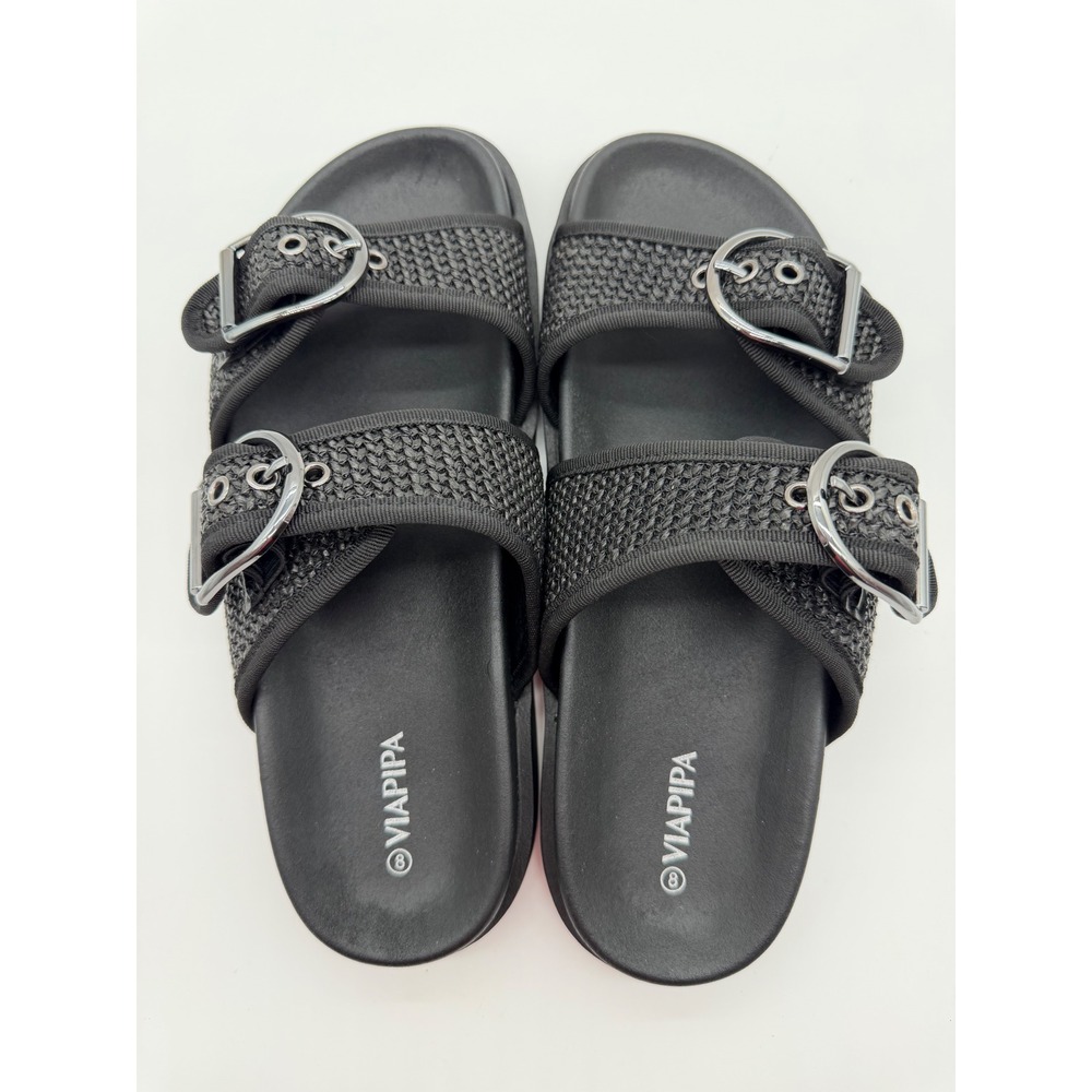 ViaPipa Womens Black Woven Raffia Double Buckle Slide Sandals Size 8 NEW